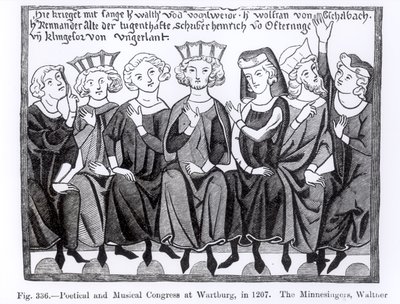 Poetický a hudební kongres, Wartburg, 1207, ilustrace z Vědy a literatury ve středověku a renesanci, napsal a vyryl Paul Lacroix, 1878 od German School