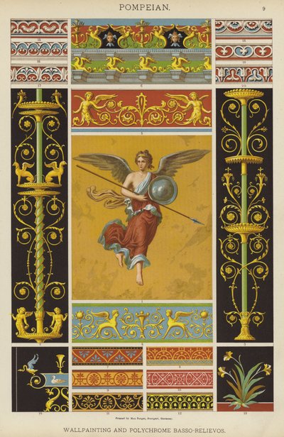 Pompejská, nástěnná malba a polychromovaný basový reliéf (barevné lito) od German School