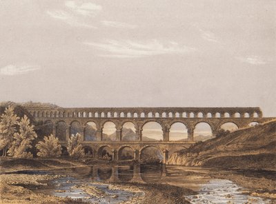 Pont du Gard, římský akvadukt, Nimes, Francie (barevná litografie) od German School