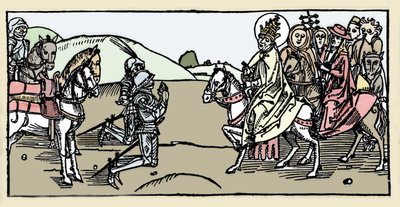 Papež Leon I. se setkává s Attilou a Arrete - Invaze barbarů - Rytina z „Leben der Heiligen - sommerteil“ (Kniha světce) od Jacoba (Jakub) z Voragine (1228-1298). Lubeck 1488. od German School