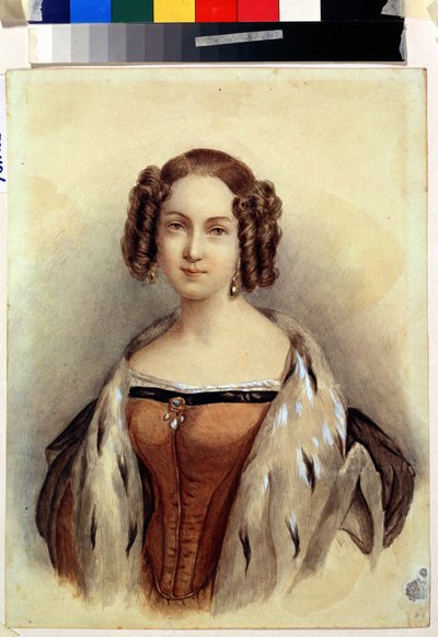 Portrét princezny Marie Hessenské a Rýnské (1824-1880), která se stane ruskou císařovnou (Portrét princezny Marie Hessenské a Rýnské, budoucí císařovny Ruska). Anonymní malování. Akvarel na papíře, 39,3 x 23 cm, konec 1830. Německé umění od German School