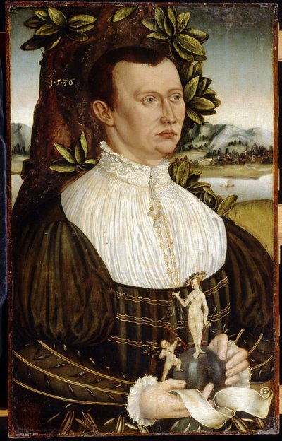 Portrét muže (Portrait of a Man). Oblečený v elegantním kostýmu drží v rukou bílou stuhu a zeměkouli, na níž anděl vystřeluje šíp směrem k nahé ženě, zdobené náhrdelníkem a nataženým kloboukem. Obraz německého mistra (aktivní p od German School