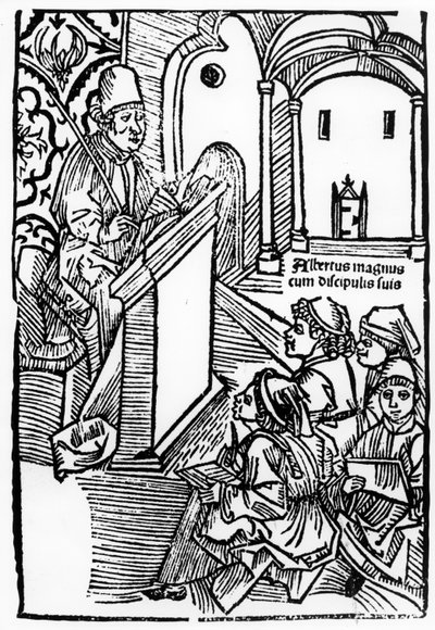 Portrét Alberta Magnuse s některými jeho žáky, ilustrace k titulní straně Epitomata, reparace nebo celá přírodní filozofie Aristotela. od Gerarduse de Harderwyck, zveřejněno 14 od German School