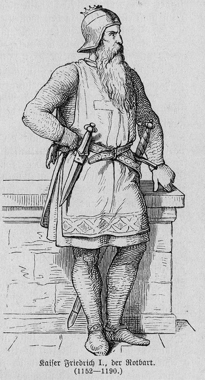 Portrét Frederika I. z Hauhenstaufen známého jako Frederic Barberousse (1122-1190), německý římský císař. Rytina v „“ Kaiser, Konig und Papft““ od Richarda Rotha od German School