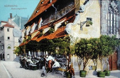 Pohlednice zobrazující restauraci Bratwurstglocklein v Norimberku, před rokem 1914 (barevné foto) od German School