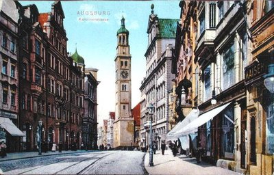 Pohlednice zobrazující Karolinenstrasse v Augsburgu, kolem roku 1910 (barevné foto) od German School