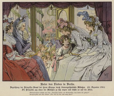 Princezna Louise z Mecklenburg-Strelitz líbá jednu z dívek lemujících Unter Den Linden, aby přivítala svůj příjezd do Berlína na její sňatek s korunním princem Fridrichem III Pruským, 22. prosince 1793 (barva litho) od German School