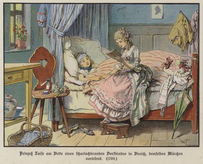 Princezna Louise z Mecklenburg-Strelitz čte u postele nemocné vesnické dívky v Broichu od German School
