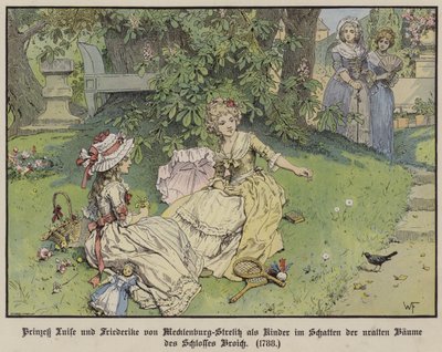 Princezny Louise a Friederike z Mecklenburg-Strelitz ve stínu pod stromy hradu Broich jako děti od German School
