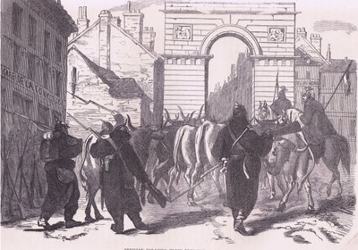 Pruské jednotky pro shánění potravy přivážející dobytek, Cassells History of the War between France and Germany vydané nakladatelstvím Cassell and Company Limited, kolem roku 1890 (litho) od German School