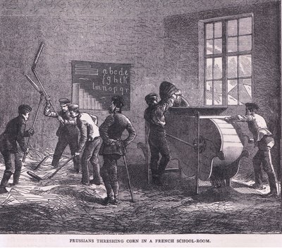 Prusové mlátili kukuřici ve francouzské učebně, Cassells History of the War between France and Germany vydané nakladatelstvím Cassell and Company Limited, kolem roku 1890 (litho) od German School