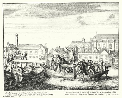 Queen Mary, choť krále Jakuba II., prchající z Anglie s princem z Walesu a celým svým dvorem, prosinec 1688 (rytina) od German School