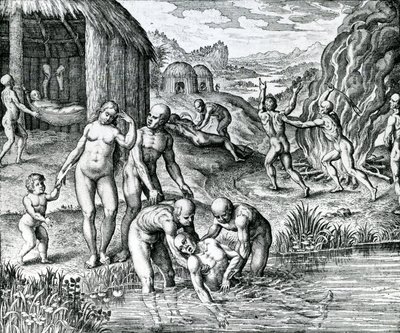 Quibus remediis contra morbos utantur Indiani, ilustrace převzatá z knihy "Pars Decima Americae" vydané Hieronymousem Gallerem. od German School