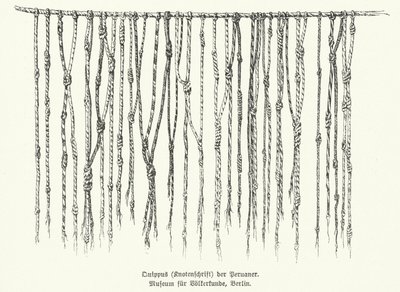 Quipu, prostředek pro záznam informací pomocí zauzlovaných provázků používaný národy And v Jižní Americe (litho) od German School