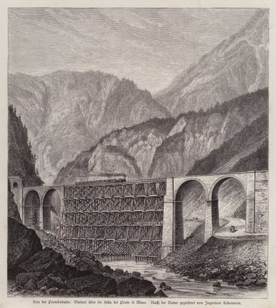 Železniční viadukt přes řeku Fella v Ponte di Muro, Friuli, Itálie (rytina) od German School