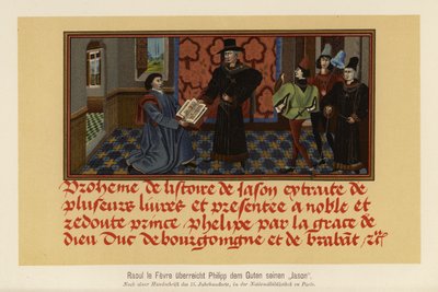 Raoul Lefevre předává rukopis svých Dějin Jásona Filipu Dobrému, vévodovi burgundskému (barevná litografie) od German School