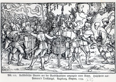 Rebelští rolníci obklopující rytíře, od ilustrace k Trostspiegel od Petrarca, 1539 od German School