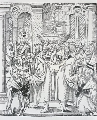 Reformátoři Martin Luther a Jan Hus podávající přijímání (rytina) od German School