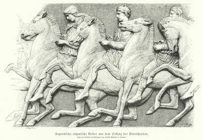 Reliéf z parthenonského vlysu zobrazující athénskou mládež jedoucí na koni (rytina) od German School