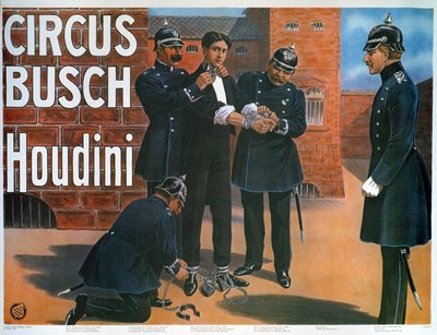 Reprodukce plakátu z roku 1907 zobrazující Houdiniho před útěkem z německého vězení od German School