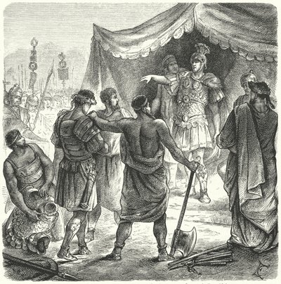 Římský konzul Titus Manlius Torquatus odsuzující svého syna k smrti za to, že opustil své místo v bitvě (rytina) od German School