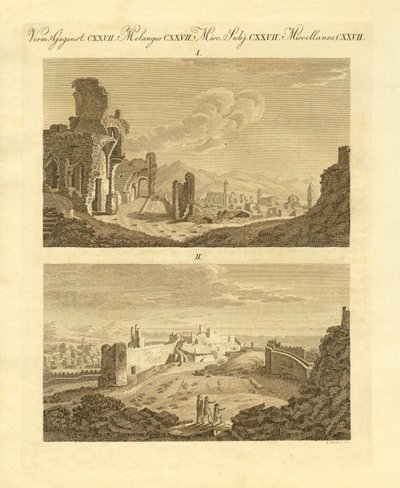 Ruiny starého města Sagunto ve Španělsku (barevná rytina) od German School