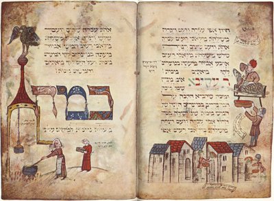 Obětování velikonočního beránka a úryvek z knihy Rabi Akiva, Exodus 12, verš 22, Hagada (pergamen) od German School
