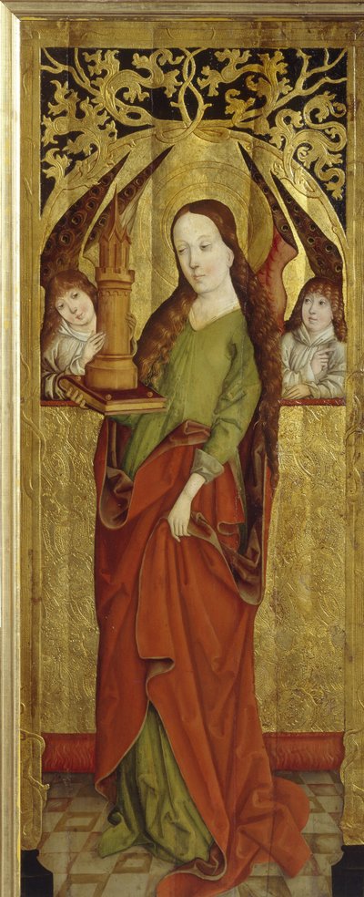 Sainte Barbe nebo Barbe velký mučedník (3. století). (Svatá Barbora). Na plošině nese věž se třemi okny. Obraz vestfálského mistra (činný mezi 1470 a 1480), olej na dřevě, cca 1470-1480. německé umění od German School