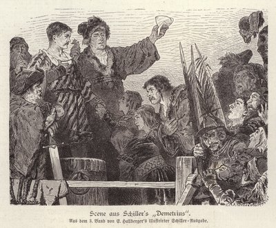 Scéna z nedokončené hry Friedricha Schillera Demetrius (rytina) od German School