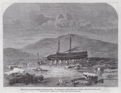 Schooner Germania na ostrově Sabine u východního pobřeží Grónska, druhá německá severní polární expedice, konec října 1869 (rytina) od German School