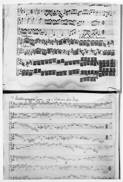 Partitura pro Telemannovu suitu pro dvoje housle, ‚Gulliver Suite‘, včetně ‚Chaconne liliputiánů‘, vytištěná v Hamburku v roce 1728 od German School