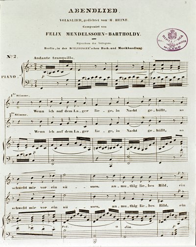 Stránka skóre Abendlied od Felixe Mendelssohna od German School