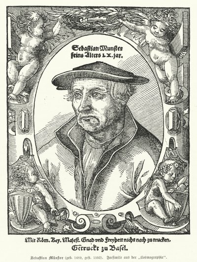 Sebastian Muenster, německý kartograf, kosmograf a autor Cosmographia, nejstarší dílo popisující svět v němčině (rytina) od German School