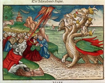 Sedmihlavý had z Knihy Zjevení, z Lutherovy bible, kolem roku 1530 (barevný dřevoryt) od German School