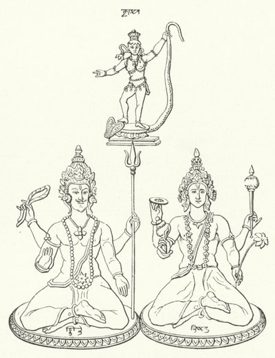 Šiva, Višnu a Krišna, hinduističtí bohové (rytina) od German School