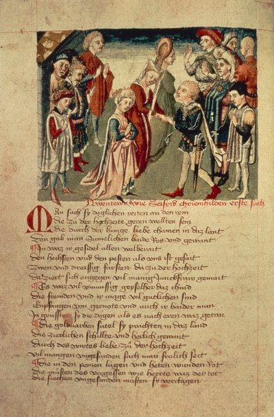 Siegfried poprvé vidí Kreimhild, z „Hundeshagen Nibelungen Codex“ (vellum) od German School
