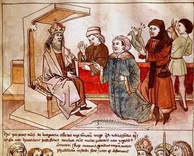 Zikmund I. Lucemburský (1368-1437), císař Svaté říše, přijímá hold podřízených národů. Miniatura z „Kroniky kostnického koncilu“ od Ulricha Richentala (1360-1437) 1438 přibližně Praha, národní knihovna od German School