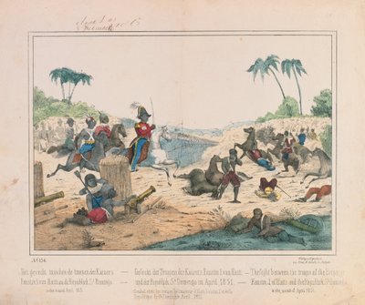 Střetnutí mezi vojsky haitského císaře Fuastina I. a Dominikánské republiky Santo Domingo v dubnu 1851, obrazový leták vydaný Friedem. Schulz Verlag, Stuttgart, 1851 od German School