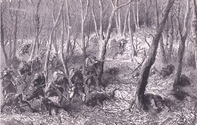 Potyčka v lesích u Paříže, Cassells History of the War between France and Germany vydané nakladatelstvím Cassell and Company Limited, kolem roku 1890 (litho) od German School