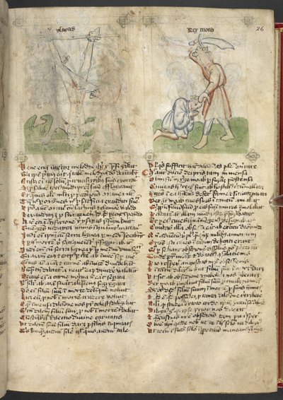 Sloane 361, f.26 Umučení Izaiášova; Král Moab obětuje svého syna ze „Speculum Humanae Salvation“ (inkoust a barva na pergamenu) od German School