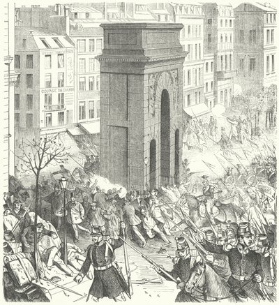 Vojáci v ulicích Paříže během francouzského převratu v prosinci 1851 (rytina) od German School