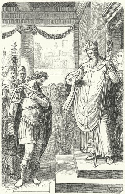 Svatý Ambrož zakázal římskému císaři Theodosiovi I. vstoupit do milánské katedrály jako trest za masakr v Soluni, 390 (rytina) od German School