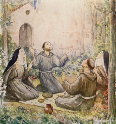 Svatý František a svatá Klára z Assisi při jídle před kostelem Panny Marie Andělské (barevná litografie) od German School
