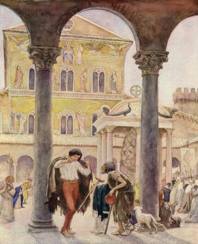 Svatý František a žebrák v bazilice svatého Petra, Řím (barevná litografie) od German School