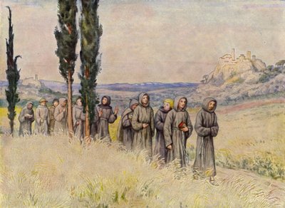 Svatý František a jeho následovníci na cestě do Říma (barevná litografie) od German School