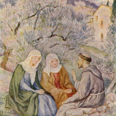 Svatý František a povolání svaté Kláry z Assisi (barevná litografie) od German School