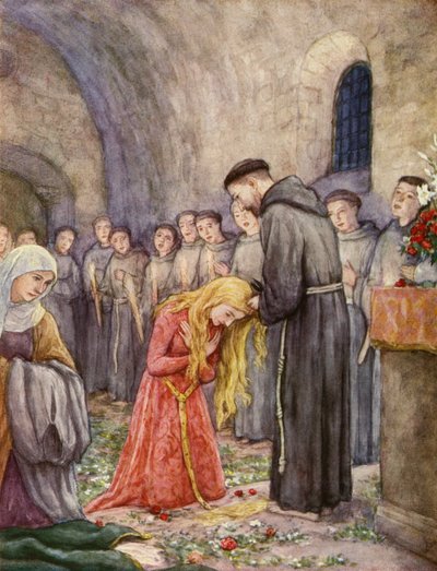Svatý František stříhá vlasy svaté Kláře z Assisi (barevná litografie) od German School