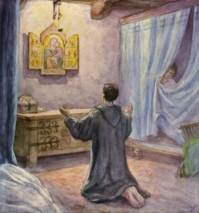 Svatý František klečící před ikonou Panny Marie s dítětem (barevná litografie) od German School