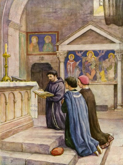Svatý František čte z evangelií (barevná litografie) od German School