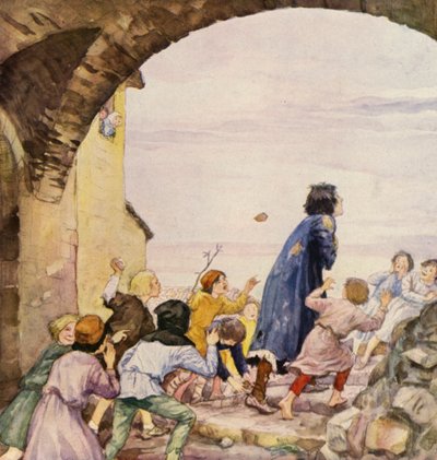 Svatý František posmívaný dětmi (barevná litografie) od German School